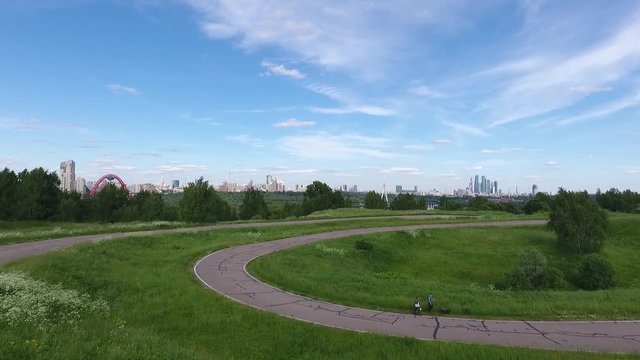 View Moscow, Krylatsky Hills, cycle track, Krylatskaya cycle road led from the drone Olympic cycle track rowing canal