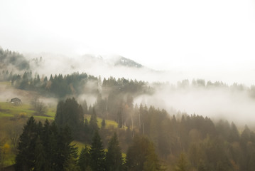 ゴールデン・パス・ラインの車窓　雲が垂れ込める秋の雨のベルナー・オーバーラント地方の山（スイス・ベルン州）