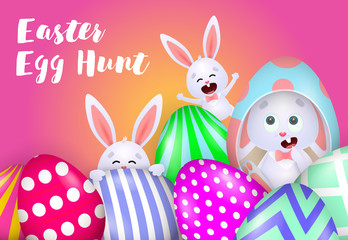 Easter Egg Hunt lettering with cute rabbits and decorated eggs. Easter party invitation. Handwritten text, calligraphy. For leaflets, brochures, invitations, posters or banners.