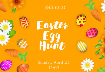 Easter egg hunt lettering with painted eggs and flowers. Easter party invitation. Typed text, calligraphy. For leaflets, brochures, invitations, posters or banners.