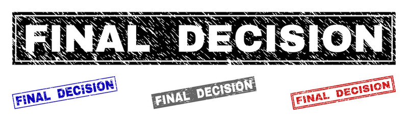 Grunge FINAL DECISION rectangle stamp seals isolated on a white background. Rectangular seals with grunge texture in red, blue, black and gray colors.