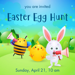 Easter Egg Hunt lettering, loudspeakers, rabbit, bee and chick. Easter party invitation. Type text, calligraphy. For leaflets, brochures, invitations, posters or banners.