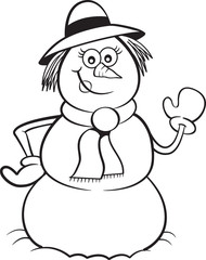 Black and white illustration of a snow woman waving.