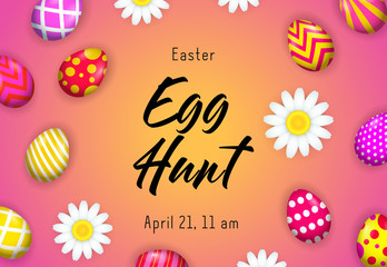 Egg hunt lettering with decorated eggs and flowers. Easter party invitation. Handwritten text, calligraphy. For leaflets, brochures, invitations, posters or banners.
