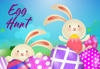 Egg Hunt lettering, cute rabbits and decorated eggs. Easter party invitation. Handwritten text, calligraphy. For leaflets, brochures, invitations, posters or banners.