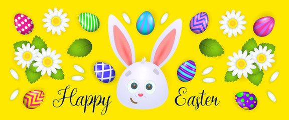 Happy Easter lettering with bunny, eggs, flowers. Easter greeting card. Handwritten text, calligraphy. For leaflets, brochures, invitations, posters or banners.