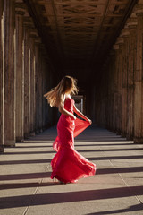 young woman in red dress