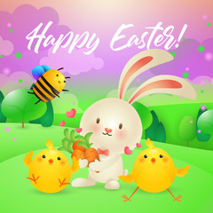 Happy Easter lettering with chick, bunny and bee. Easter greeting card. Handwritten text, calligraphy. For leaflets, brochures, invitations, posters or banners.