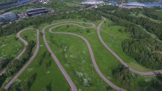 View Moscow, Krylatsky Hills, cycle track, Krylatskaya cycle road led from the drone Olympic cycle track rowing canal