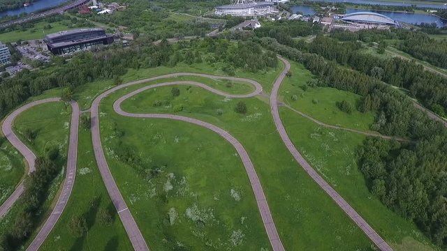View Moscow, Krylatsky Hills, cycle track, Krylatskaya cycle road led from the drone Olympic cycle track rowing canal