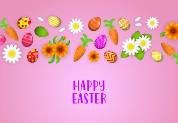 Happy Easter lettering with eggs, carrots and flowers pattern. Easter greeting card. Typed text, calligraphy. For leaflets, brochures, invitations, posters or banners.
