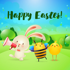 Happy Easter lettering with megaphone, chick, bunny and bee. Easter greeting card. Handwritten text, calligraphy. For leaflets, brochures, invitations, posters or banners.
