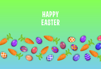Happy Easter lettering with painted eggs and carrots pattern. Easter greeting card. Typed text, calligraphy. For leaflets, brochures, invitations, posters or banners.