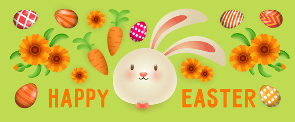 Happy Easter lettering with rabbit, carrots, flowers and eggs. Easter greeting card. Typed text, calligraphy. For leaflets, brochures, invitations, posters or banners.