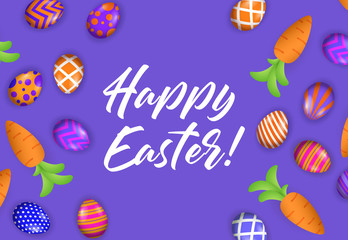 Happy Easter lettering, carrots and decorated eggs. Easter greeting card. Handwritten text, calligraphy. For leaflets, brochures, invitations, posters or banners.