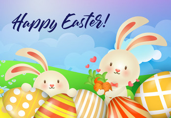 Happy Easter lettering, cute rabbits with carrots and decorated eggs. Easter greeting card. Handwritten text, calligraphy. For leaflets, brochures, invitations, posters or banners.