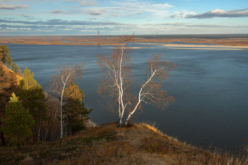 Yakutian landscape with a trees and the great Lena River at gold sunset. Beautiful view from the Tabaginsky cape to the islands