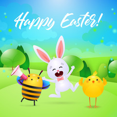 Happy Easter lettering, megaphone, rabbit, bee and chick. Easter greeting card. Handwritten text, calligraphy. For leaflets, brochures, invitations, posters or banners.