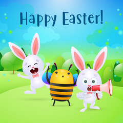Happy Easter lettering, rabbit, megaphone, bee and chick. Easter party invitation. Typed text, calligraphy. For leaflets, brochures, invitations, posters or banners.