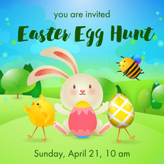 You are Invited, Easter Egg Hunt lettering, rabbit, bee and chick. Easter party invitation. Handwritten text, calligraphy. For leaflets, brochures, invitations, posters or banners.
