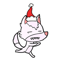 line drawing of a wolf showing teeth wearing santa hat