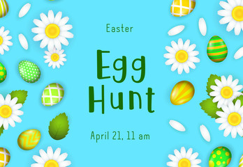Egg hunt lettering with flowers and painted eggs. Easter party invitation. Typed text, calligraphy. For leaflets, brochures, invitations, posters or banners.