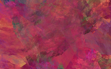 Abstract red background. Red, pink and green lines, shapes and spots intersect randomly in the frame.