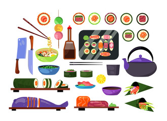 Japanese dishes set. Collection for national Japan cuisine. Can be used for topics like restaurant, national food, seafood