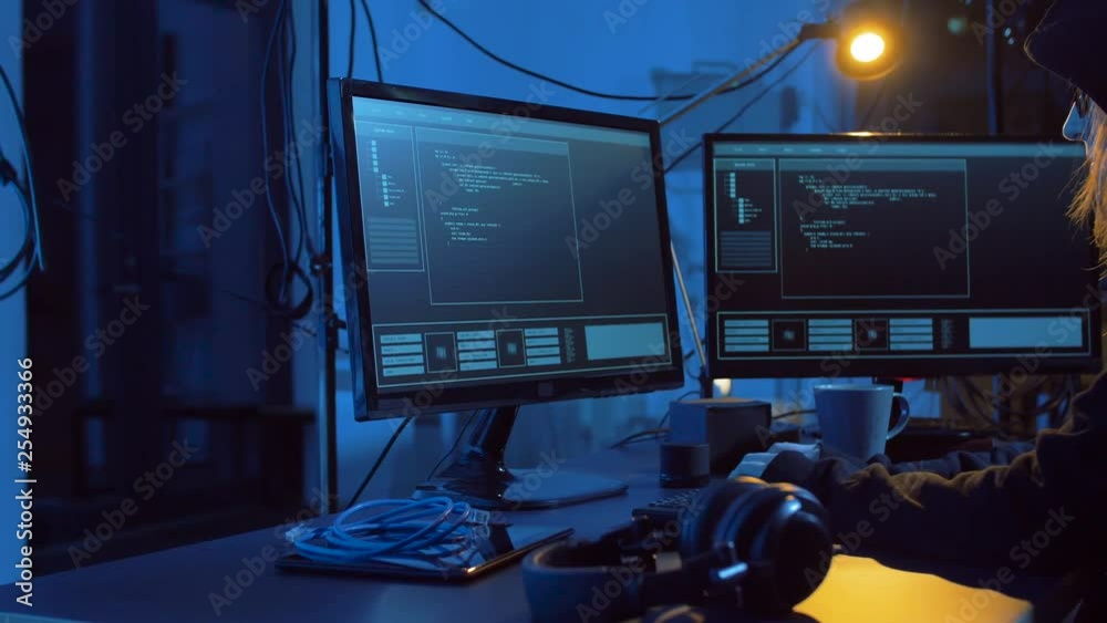 Poster cybercrime, hacking and technology concept - female hacker in dark room creating code or using compu