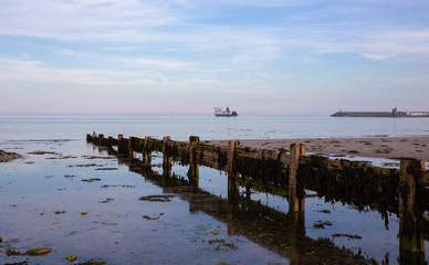 Distant ferry leaving Douglas Bay, Isle of Man, British Isles