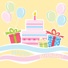 Birthday greeting card with cake and balloons. Birthday party background, vector 