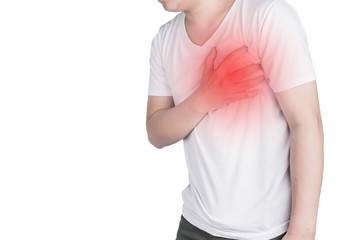 Asian men use hands to hold their hearts. Showing pain from heart disease,Heart attack symptom Healthcare and medical concept isolate on white background,clipping path