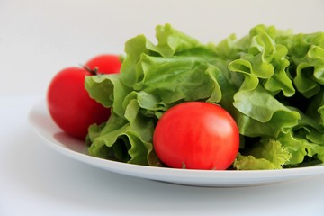 red tomatoes in a plate with green salad