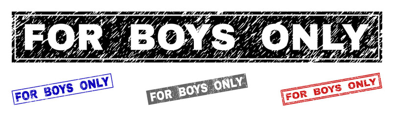 Grunge FOR BOYS ONLY rectangle stamp seals isolated on a white background. Rectangular seals with grunge texture in red, blue, black and gray colors.