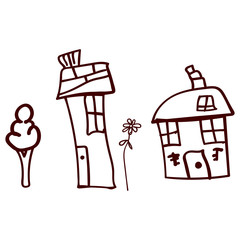 Children drawn houses and plants in doodle style.