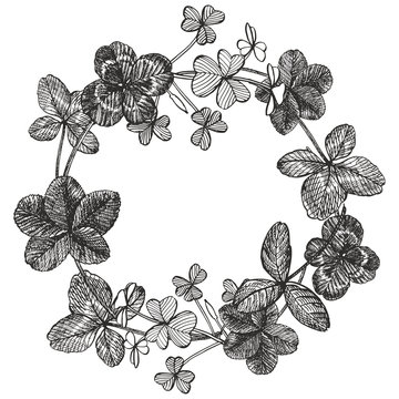 Clover illustrations. Set of hand drawn clover illustrations isolated on white background. Floral wreath. Graphic round border.