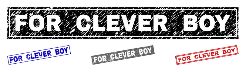 Grunge FOR CLEVER BOY rectangle stamp seals isolated on a white background. Rectangular seals with grunge texture in red, blue, black and grey colors.