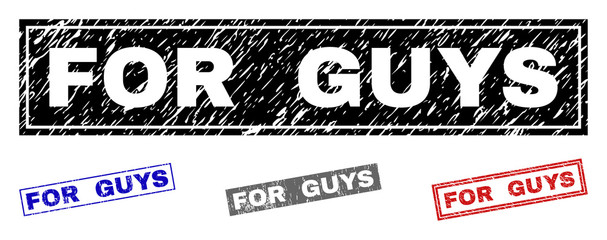 Grunge FOR GUYS rectangle watermarks isolated on a white background. Rectangular seals with grunge texture in red, blue, black and grey colors.