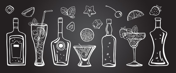 Vector outline hand drawn illustration with different alcohol bottles, cocktails, fruits and mint leaves on blackboard background © Alexandra