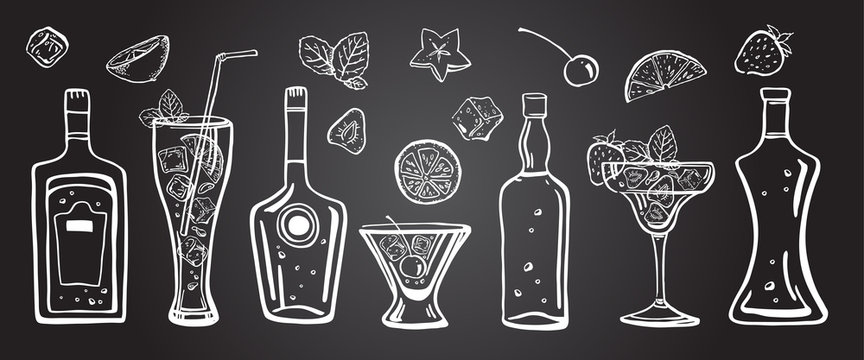 Vector outline hand drawn illustration with different alcohol bottles, cocktails, fruits and mint leaves on blackboard background