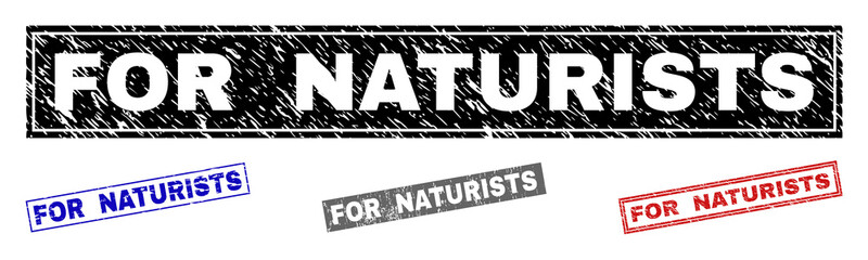 Grunge FOR NATURISTS rectangle stamp seals isolated on a white background. Rectangular seals with grunge texture in red, blue, black and gray colors.