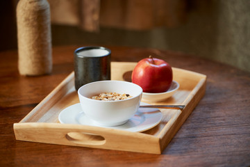 Tray with tasty breakfast