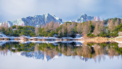 Fototapeta na wymiar Panoramic of a mountain lake reflecting the mountains