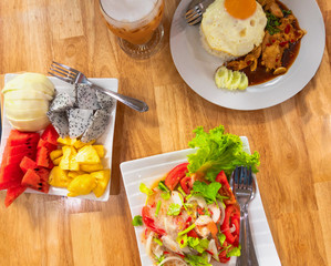 Tradition Northern Thai food lunch on a wooden table
