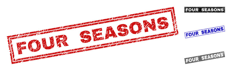 Grunge FOUR SEASONS rectangle stamp seals isolated on a white background. Rectangular seals with grunge texture in red, blue, black and grey colors.