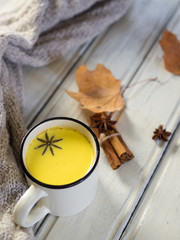 Turmeric with milk and spices. Golden milk
