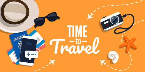 Concept of travelling with the text. Vector illustration in flat style. Suitcase, ticket, hat, sunglasses on a orange background.