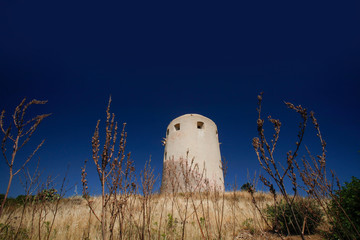 Torre aragonese a Villaputzu in mezzo a un campo di erba secca e spine