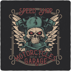 Hand drawn illustration of a biker skull and motorcycle parts. T-shirt or poster illustration with text composition.