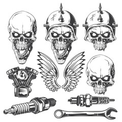 Hand drawn illustrations of a biker skulls, motorcycle engine, wrench, spark plugs and wings. Isolated on white background.